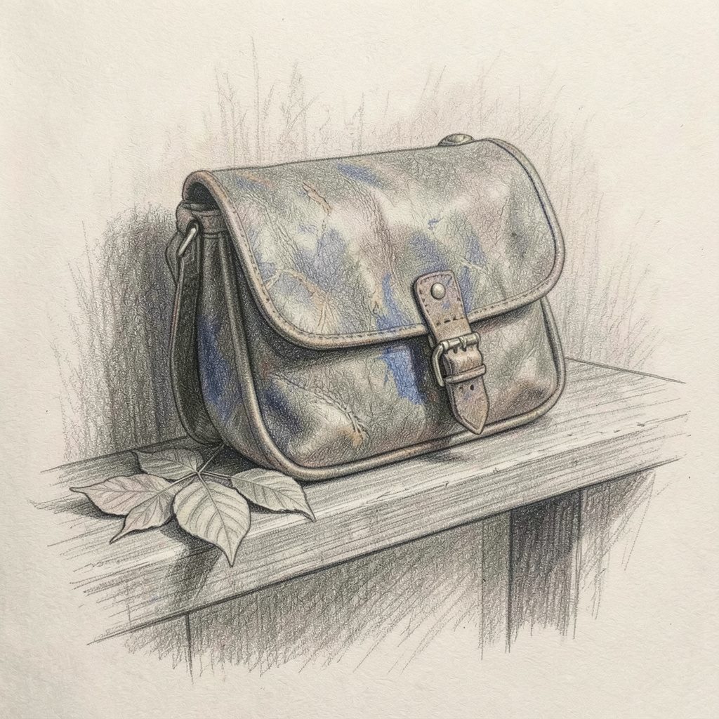 Graphite pencil sketch of a weathered leather satchel resting on a wooden shelf beside pressed leaves, rendered in soft greys with delicate cross-hatching and a warm, muted mood.