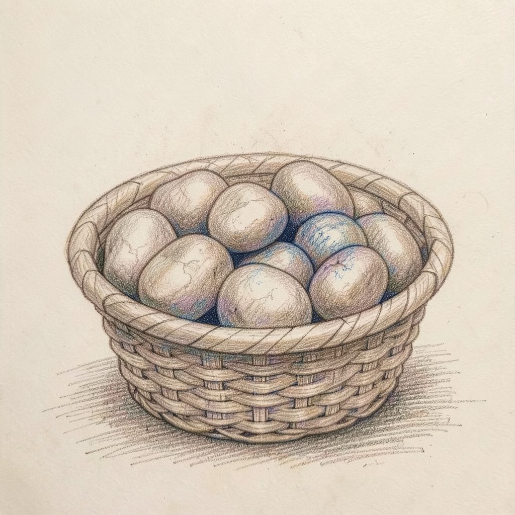 Graphite pencil sketch of a woven basket filled with smooth river stones, drawn with fine graphite lines and a warm, earthy mood.