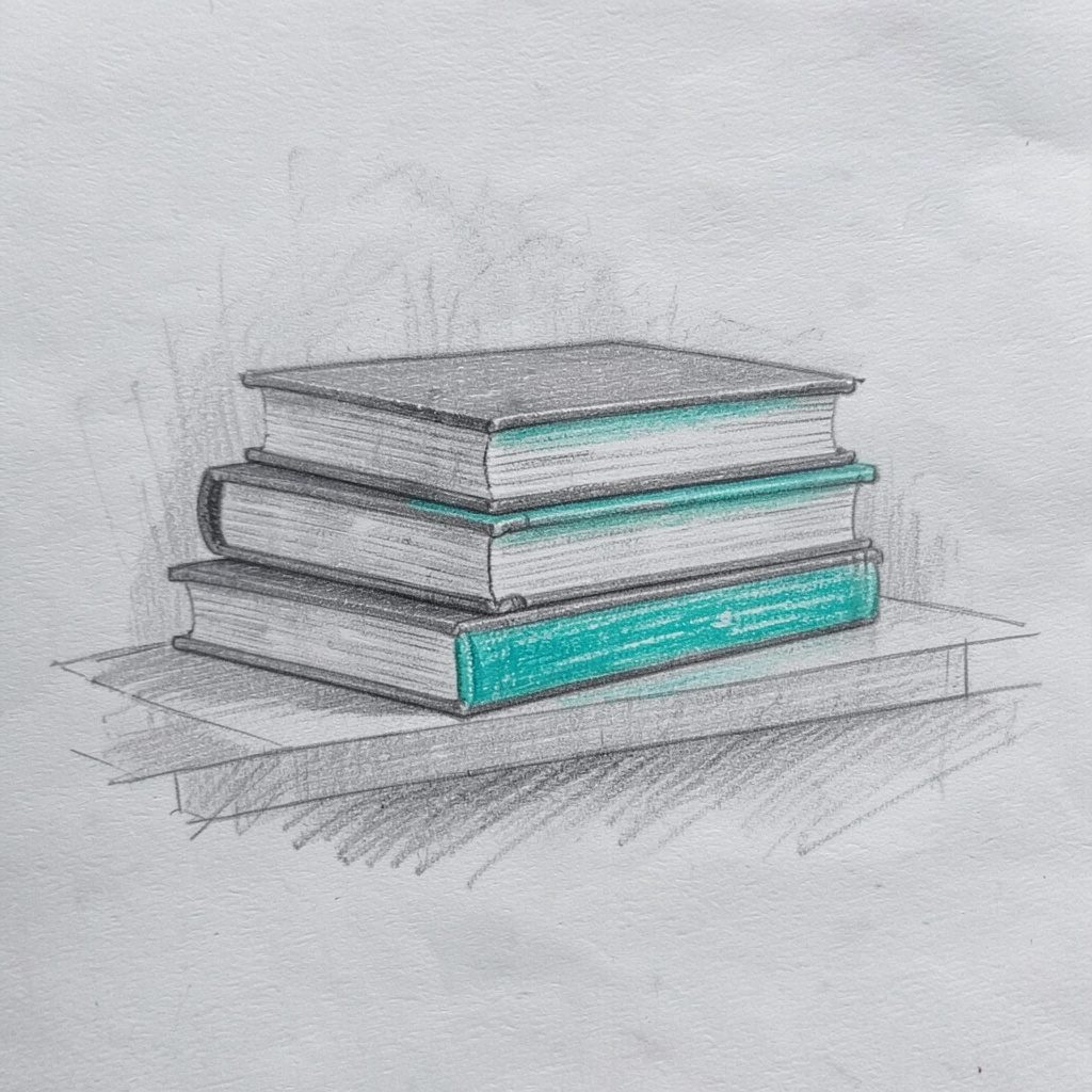 Graphite pencil sketch of a stack of books on a shelf, neutral grey palette