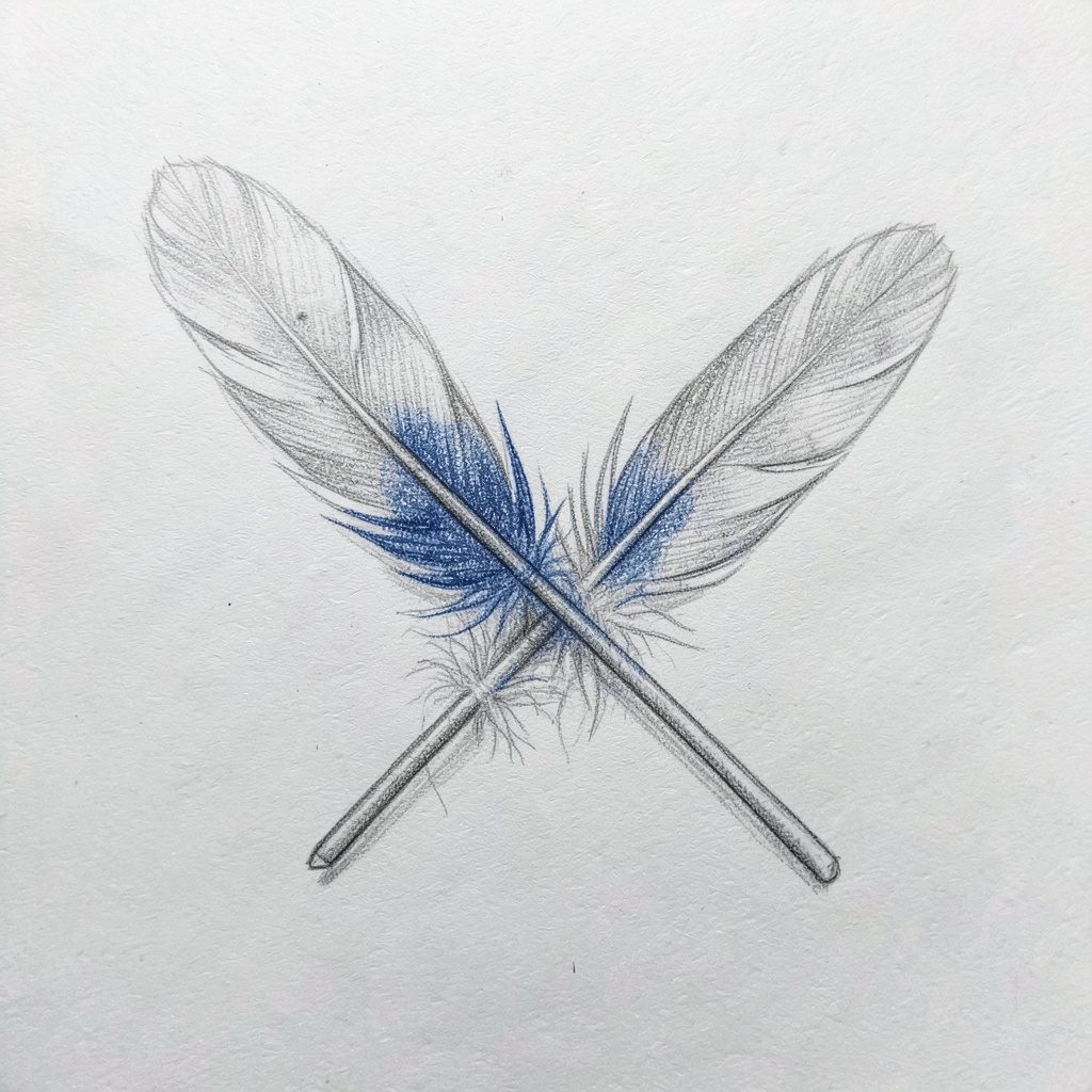 Graphite pencil sketch of three feathers crossed on a paper background, drawn with light shading and a still, natural mood.