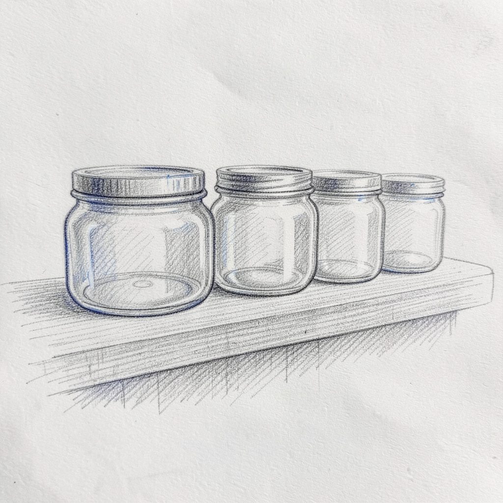 Graphite pencil sketch of a row of small glass jars on a wooden shelf, rendered with light cross-hatching and a calm, archival feel.
