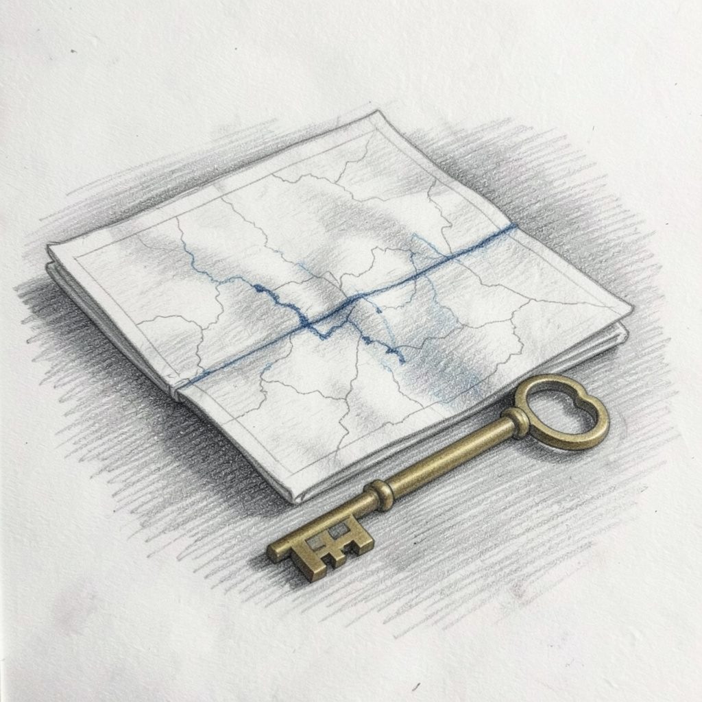 Graphite pencil sketch of a folded map and a brass key resting on a table, rendered in soft greys with a gentle, melancholic tone.