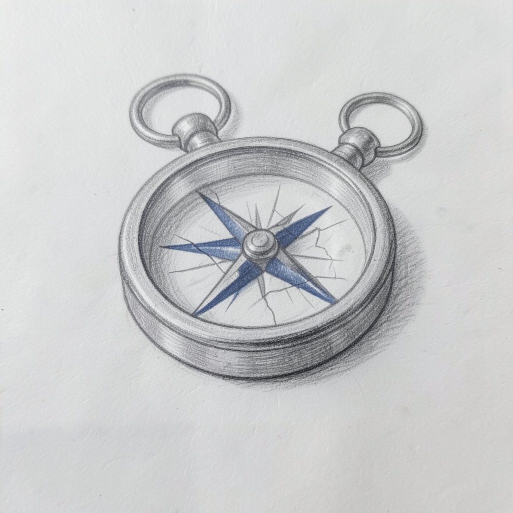 Graphite pencil sketch of a rusted pocket compass with a cracked glass face, drawn in soft greys with delicate shading and a quiet, contemplative mood.