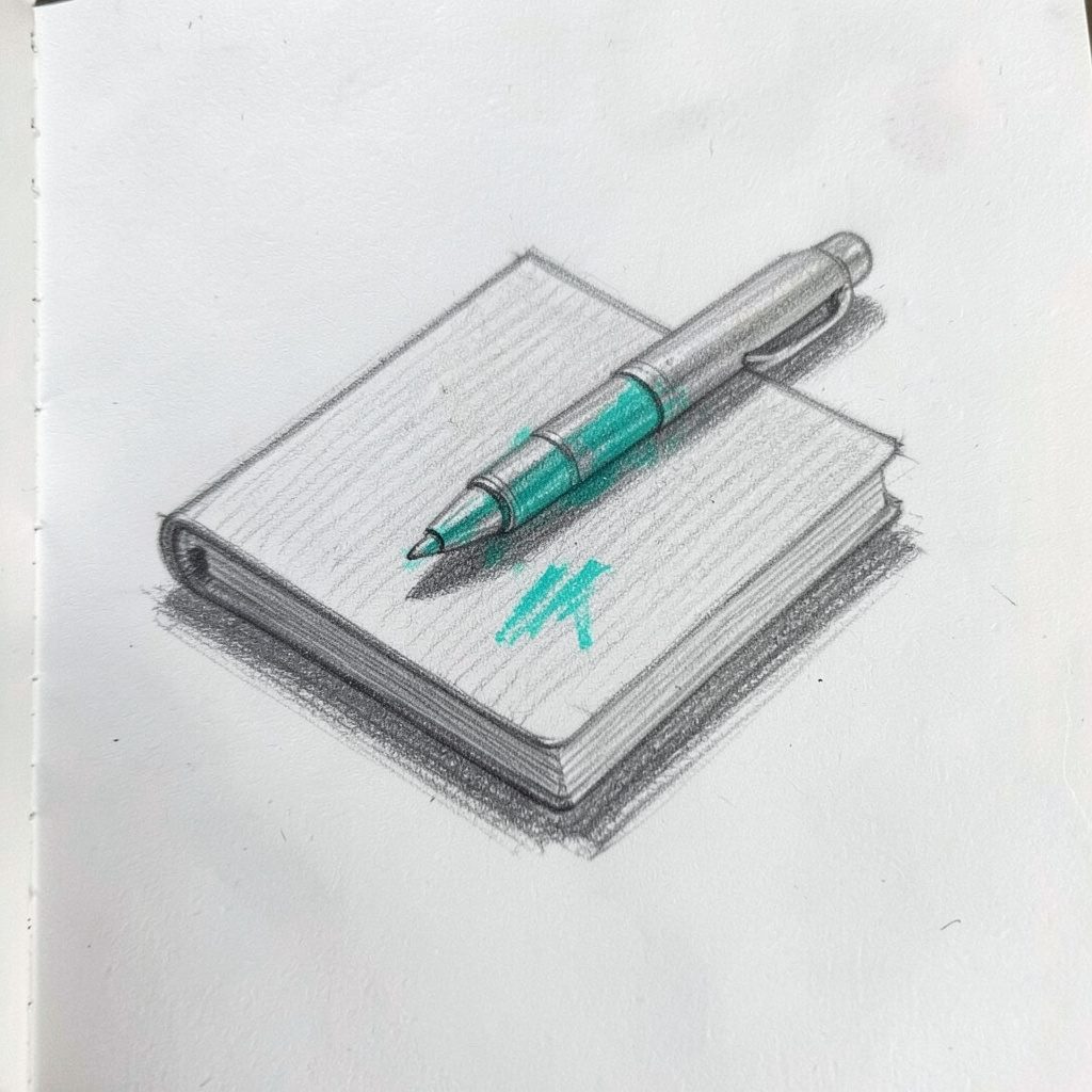 Graphite pencil sketch of a small notebook with a pen, soft charcoal shading