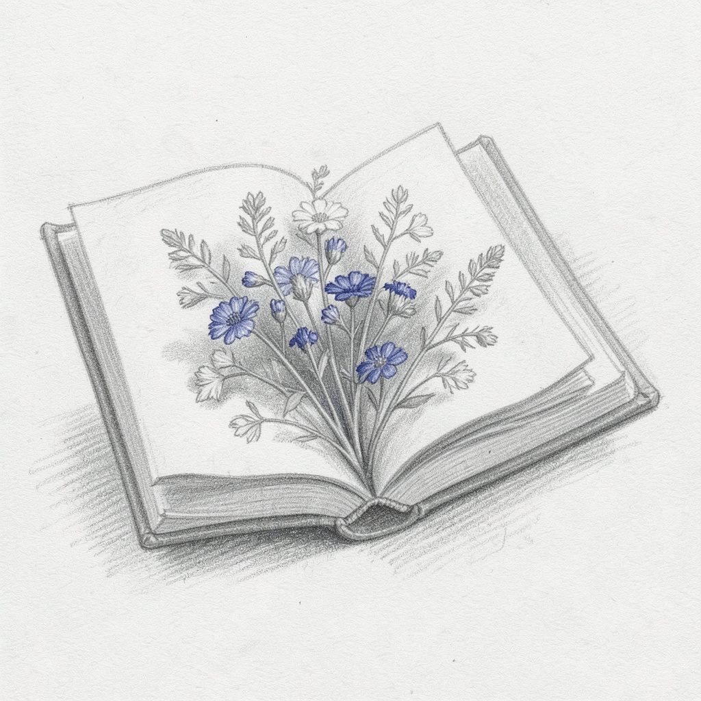 Graphite pencil sketch of an open field guide with pressed wildflowers inside, rendered in soft greys with a patient, studious mood.